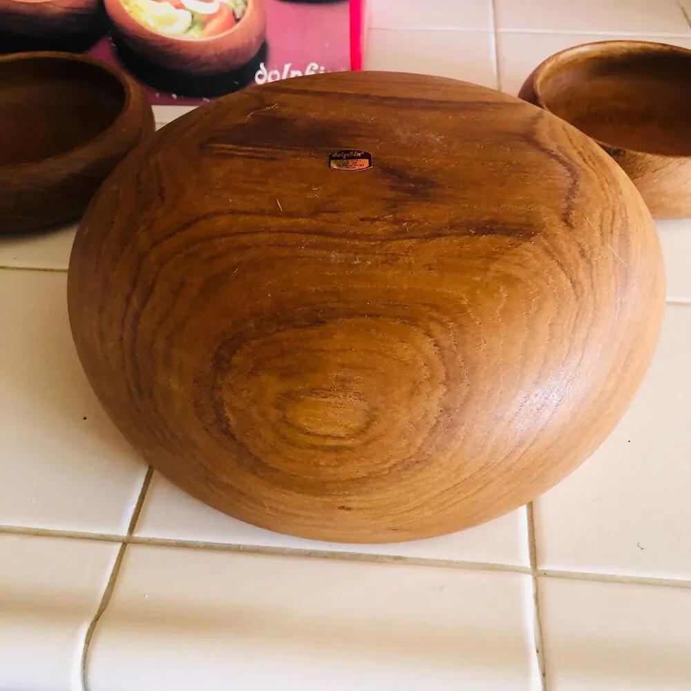 Vintage Dolphin Teak Wood Salad Bowl Set 7 Pc Mid Century Modern Thailand